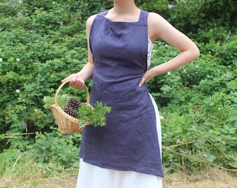 Handmade Linen Apron: Vintage Style Cross Back Dress with Pockets