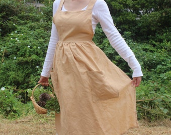 Handmade Linen Apron Dress: Adjustable Cross-Back, Large Pockets