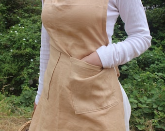 Handmade Linen Apron Dress: Vintage Style Cross Back with Pockets