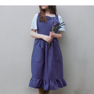 Apron Dress Adjustable Cross Back Apron Handmade Linen Apron Pinafore Apron With Pockets Vintage Apron For Women Cottagecore Apron Blue