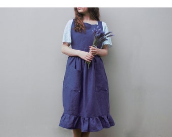 Handmade Linen Pinafore Apron Dress: Adjustable Cross Back, Cottagecore Style