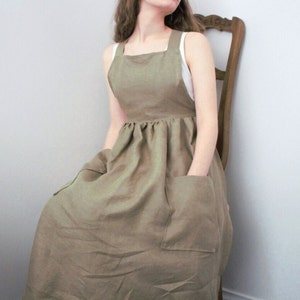 Linen Apron Dress Homemade Cross Back Apron Handmade Linen Apron Pinafore Apron With Pockets Vintage Apron For Women Cottagecore Apron Green