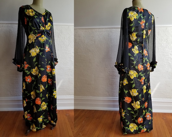 Vintage 1970s Black Maxi Dress with Yellow and Or… - image 1