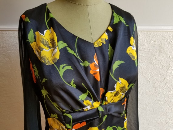Vintage 1970s Black Maxi Dress with Yellow and Or… - image 3