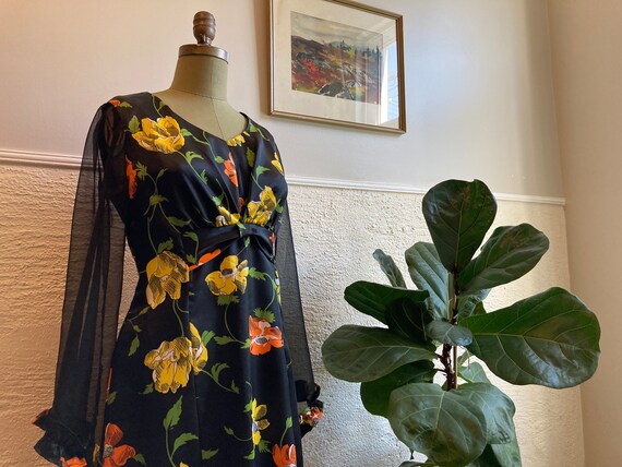 Vintage 1970s Black Maxi Dress with Yellow and Or… - image 2