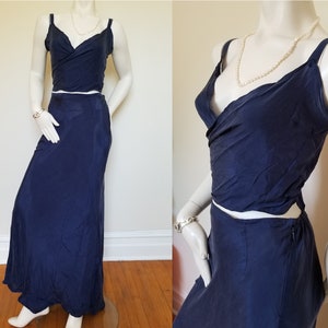 Vintage 2 piece dark blue maxi skirt and crossover top | evening dress | wedding, prom