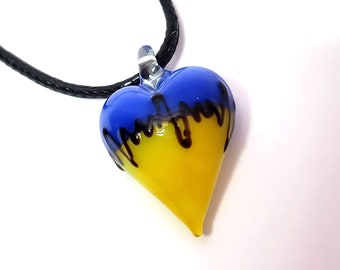 Blue Yellow Heart Pendant, Ukrainian flag, Glass heart lampwork, Handmade Ukraine jewelry, Heart-shaped pendant, Blown glass, Unique Gift