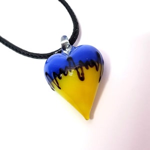 Blue Yellow Heart Pendant, Ukrainian flag, Glass heart lampwork, Handmade Ukraine jewelry, Heart-shaped pendant, Blown glass, Unique Gift