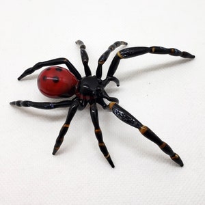 May include: A black and red glass spider figurine with a red and black spotted abdomen. The spider has eight legs with black and gold stripes.