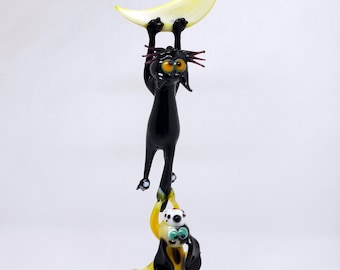Hanging Cat with a dog, Cat with hanging loop, Glass miniature, Hand Blown Glass figurine, Glass cat figurine, Glass sculpture, Lampwork cat