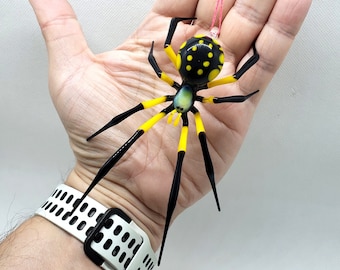 Araña amarilla colgante, Animal de vidrio hecho a mano, Figura de araña de vidrio soplado, Araña de vidrio soplado a mano, Araña de vidrio soplado, Araña de vidrio artístico