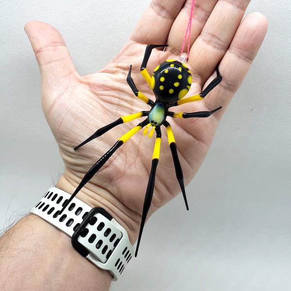 Hanging Yellow Spider, Handcrafted glass animal, Figurine Blown glass Spider, Handblown glass Spider, Lampwork Spider, Art glass Spider