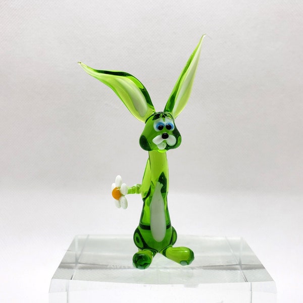Art Glass Rabbit with flower, Blown Glass Rabbit, Glass Miniature, Glass Rabbit Collection, Handcrafted glass animal, Handblown glass Rabbit