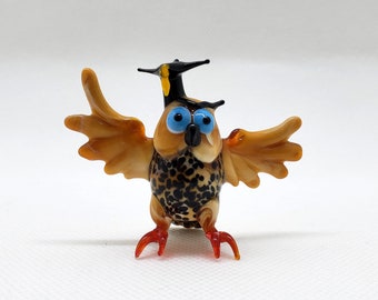 Owl with graduation cap, Blown Glass Owl, Owl Figurine Collection, Art Glass Owl, Murano glass, Glass Animal Figurine, Unique Gift