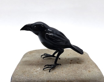 Black Crow Glass Figurine, Glass animals, Hand blown glass, Bird sculpture, Animal Glass Figurine, Glass miniatures, Home decor, Unique Gift