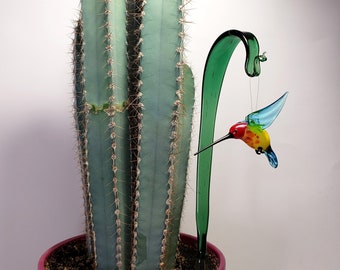 Large Glass Plant with Hummingbird, Decoration for Plants, Garden art, Decor for flowerpots, Glass yard art, Gifts for gardener, Home decor