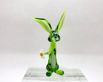 Art Glass Rabbit with flower, Blown Glass Rabbit, Glass Miniature, Glass Rabbit Collection, Handcrafted glass animal, Handblown glass Rabbit