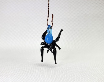 Glass Miniature Hanging Blue Spider, Handcrafted glass animal, Figurine Blown glass Spider, Handblown glass Spider, Handcrafted glass animal