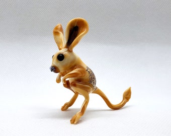 Glasfigur Jerboa, handgefertigte geblasene Glaskunstfigur, Kunstglas-Springspringer, Glasskulptur, Tiere Glas, Lampwork, Wohnkultur