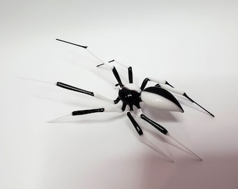 Schwarz-weiße Spinne, Figur aus mundgeblasenem Glas, mundgeblasenes Glas, Lampwork, Tier Glasfigur, Glas Insekt, Kunst Glas Skulptur
