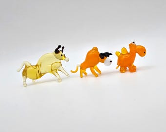 Lampwork Glass Miniature Bull and Camel Figurine, Miniature Art Glass Animal Sculpture, Tiny Farm & Desert Animal Collectible, Unique Gift