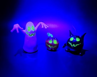 Uranglas Geist, Kürbis und Katze, Handgefertigtes Vaseline Glas Glow Dekor, leuchtendes Grün Halloween Dekor, Halloween gruseliges Sammler Geschenk