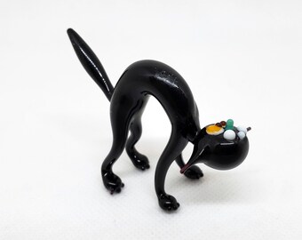 Zwart glazen kat, kunstglas kat, kattencollectie, glazen kat miniatuur, speelgoedcadeau, Murano-glasstijl, geblazen glazen kat, verjaardagscadeau