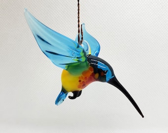 Figurine de colibri en verre, colibri oiseaux volants, animaux en verre, verre soufflé à la main, sculpture d'oiseau, décor à la maison, verre d'art, cadeau unique