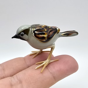 Tiny Glass Sparrow Figurine, Handmade Small Bird Sculpture, Miniature Songbird Ornament, Nature Lover Gift, Glass Bird Decor, Home Decor