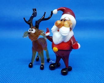 Santa Claus with a deer, Blown glass, Art glass, Santa Claus collection, Glass Santa miniature, Toys gift, Murano glass, Christmas Gift