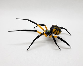 Figura de araña amarilla, Animal de vidrio hecho a mano, Figura de araña de vidrio soplado, Araña de vidrio soplado a mano, Araña de vidrio soplado, Araña de vidrio artístico