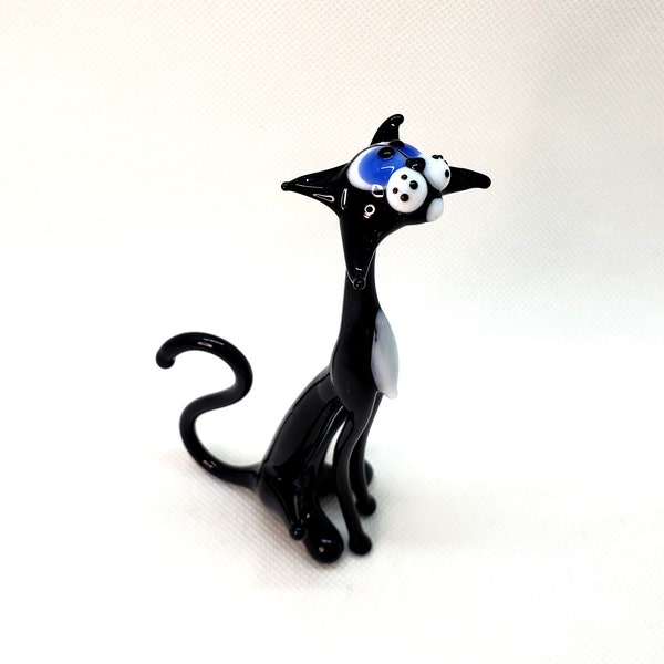 Figurine de chat noir, chat en verre noir, figurine de collection de chat noir, chat en verre soufflé, chat en verre d'art, sculpture en verre, cadeau d'anniversaire