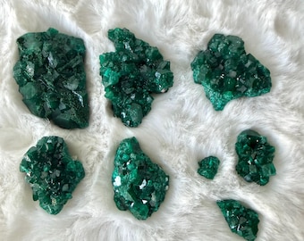 May include: An assortment of vibrant, emerald-green crystal clusters. The crystals have a sparkling, textured surface and are arranged on a soft, white background. The crystals vary in size and shape, showcasing natural formations.