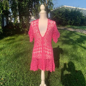 Pink Crocheted Sun Dress / Bathing Suit Coverup,  Boho, Hippie, Festival Clothing, Chic, Mod