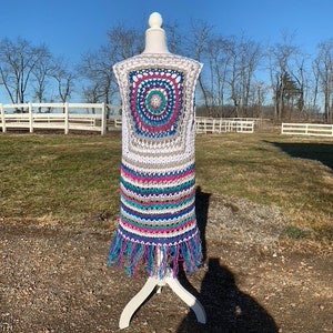 Custom Order - Boho Hippie Multi colored Long Crochet Vest with fringed bottom, Boho, Hippie, Festival, 70&#39;s