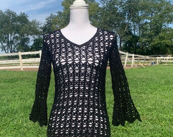 Black Crochet Long Sleeve Top with Bell Sleeves, Boho Top, Hippie top, Festival Clothing