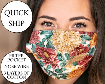 Flowers Face Mask - Washable, 3 Layers with Nose Wire and Replaceable Filter Pocket
