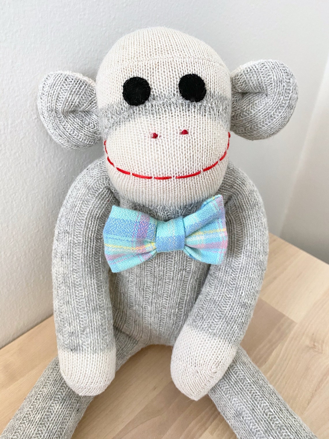 Sock Monkey Ash Grey Wool Sock Monkey with Blue Plaid | Etsy