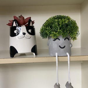 Op de afbeelding: Twee keramische plantenpotten. De linkerpot is wit met zwarte vlekken, gevormd als een kat met een rode vetplant. De rechterpot is grijs met een lachend gezicht, bungelende witte touwbenen en een bossige groene plant bovenop.