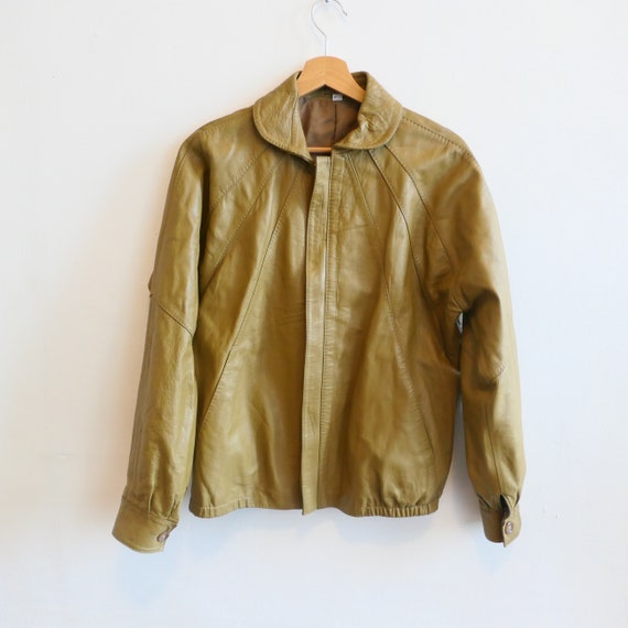 Vintage Olive Green Mustard Leather Coat Jacket Ov