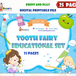 May include: A blue and green illustration of a tooth fairy educational set with 25 pages. The set includes a tooth fairy, a toothbrush, toothpaste, floss, and an apple. The text "TOOTH FAIRY EDUCATIONAL SET" and "25 PAGES" is included in the image.