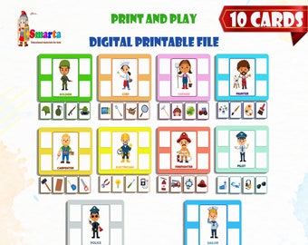 May include: A printable set of 10 cards featuring different professions. Each card has a cartoon illustration of a person in a profession, such as a soldier, chef, farmer, painter, carpenter, electrician, firefighter, pilot, police officer, and sailor. The cards also include images of tools and objects associated with each profession. The text "PRINT AND PLAY" and "DIGITAL PRINTABLE FILE" is at the top of the image. The text "10 CARDS" is in the top right corner of the image. The text "PROFESSIONS" is at the bottom of the image.