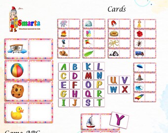 May include: A set of colorful alphabet matching cards for kids. The cards feature uppercase letters, illustrations of various objects, and blank spaces for matching. The cards are pink with white polka dots and a pink border.