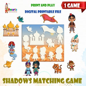 Educação infantil, jogo de sombras para crianças, história de Aladdin