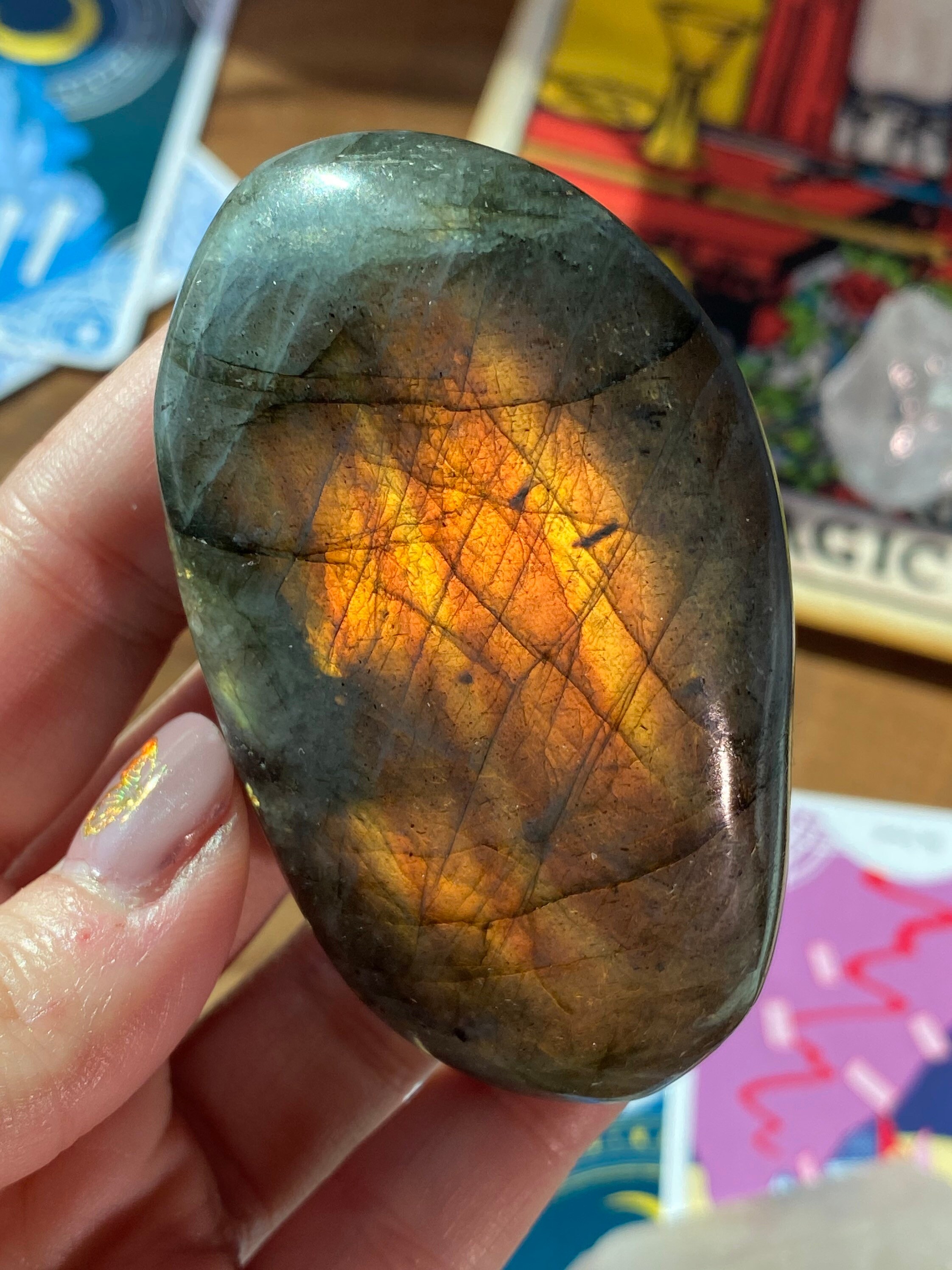 Orange/Yellow Labradorite Palm Stone, Flashy Labradorite Palm Stone