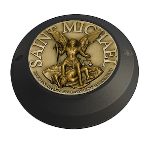 MotorDog69 Harley Black Gas Cap Coin Mount Set With Saint Michael Challenge Coin for Softail Dyna Road King Sportster