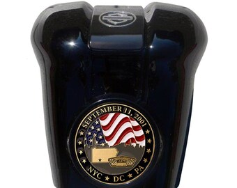 9/11 Black Waterfall Horn Cover Coin Mount - Harley Softail, Road King, Glide