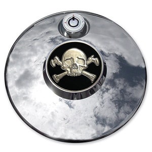 MotorDog69 Harley Fuel Door Coin Mount Set With Crossbones Coin, for street glide, road glide, limited, ultra classic, touring bikes
