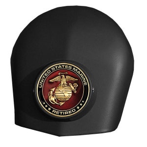 MotorDog69 Black Harley Horn Cover Coin Mount With Retired Marine Challenge Coin for Softail Dyna Road King Street Road Glide Touring