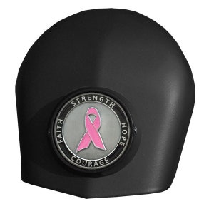 MotorDog69 Black Harley Horn Cover Coin Mount With Breast Cancer Challenge Coin for Softail Dyna Road King Sport Street & Road Glide Touring